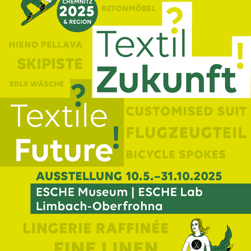 Plakat zur Ausstellung Textil? Zukunft! Grafiken auf neongrünem Grund